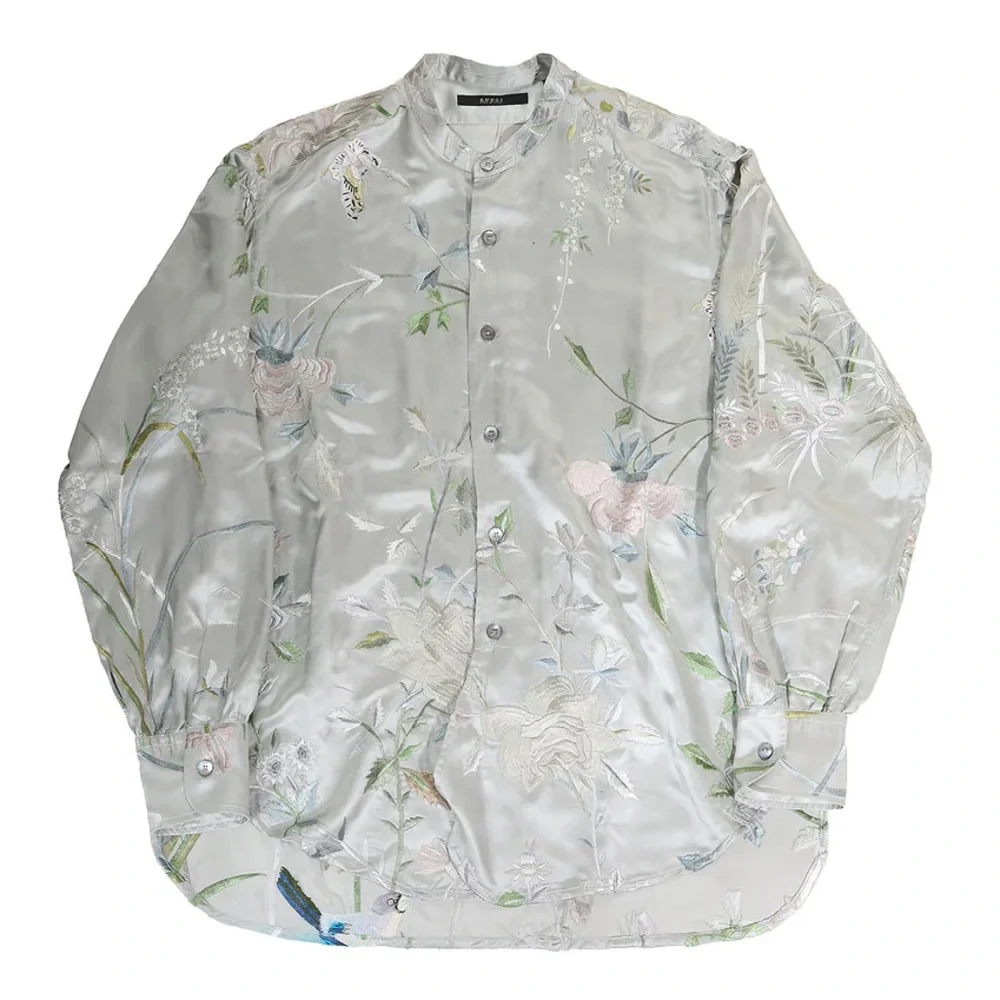 Vintage Gucci x Tom Ford SS03 Floral Bird Embroidered Silk Oversized Shirt Top